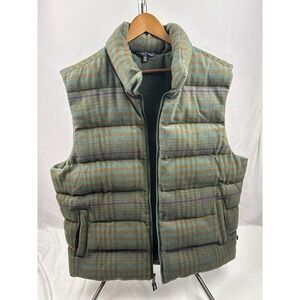 Houston White Mens Plaid Puffer Vest XL Green Brown Wool Blend Full Zip Lined
